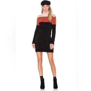 MINKPINK Snuggle Stripe Fuzzy Colorblock Sweater Dress M Mock Neck NWT